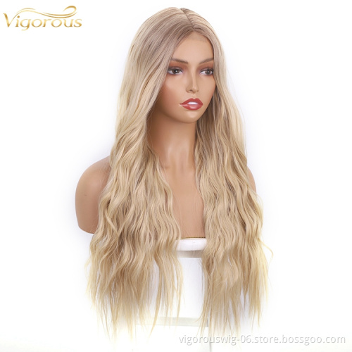 Lace Synthetic Wig Colored Blonde Hair Long Body Wavy Middle Part High Quality Good Premium Hair Cheap Price
